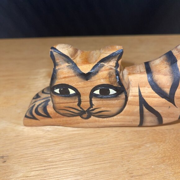 Hand-Carved Wooden Cat Figurines With Tiger Stripes - Picture 4 of 12